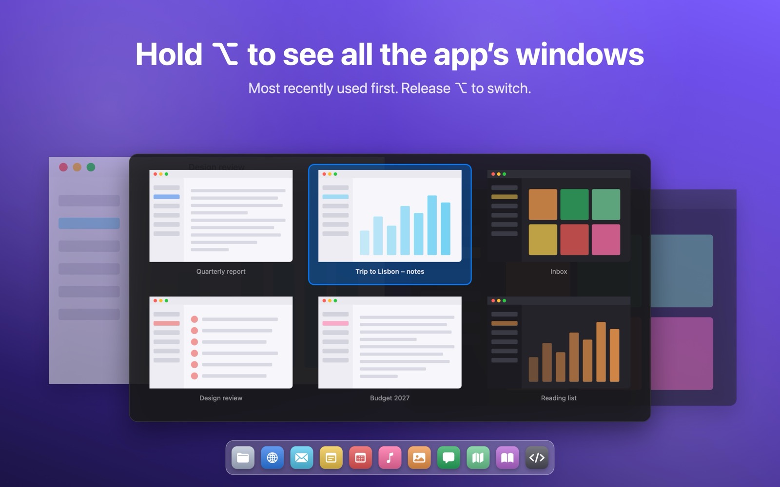 Panel with previews of all windows of an app, most recently used first